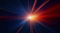 Dramatic light burst with red and blue rays radiating from bright center point against dark background creates dynamic sense of speed and energy movement.