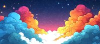 Vibrant sunset sky with fluffy multicolored clouds in pink, orange and blue tones against starry twilight background, dreamy atmospheric landscape for children book illustrations.
