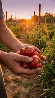 Farmer hands holding fresh ripe tomatoes at sunset in organic vegetable garden with golden light illuminating harvest season agricultural produce.