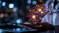 Magical glowing particles floating above smartphone in dark room with bokeh lights. Digital transformation concept showing modern technology innovation.