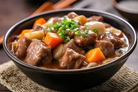Hearty beef stew with tender meat chunks, carrots, potatoes in rich brown gravy garnished with fresh herbs served in rustic black bowl on burlap cloth.