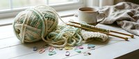 Young woman with fair complexion engaged in knitting hobby, surrounded by ball of yarn in sage green and cream tones, wooden needles, scattered stitch markers, and cozy workspace by window.