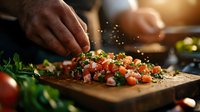 Fresh pico de gallo preparation on wooden cutting board with chef sprinkling herbs, tomatoes, onions and cilantro in warm natural lighting for food photography.