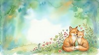 Two foxes sitting together surrounded by wildflowers and foliage in a watercolor style illustration. Isolated on white background, ready for children's books, nursery decor, and design projects.