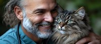 Senior Caucasian man with gray beard embracing fluffy long-haired tabby cat outdoors, showing bond between pet and owner.