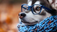 Husky dog wearing blue glasses and knitted scarf, close-up portrait with autumn background showing intelligent and fashionable pet styling.