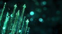 Glowing green arrows pointing upward with sparkles and bokeh effects on dark background, symbolizing growth, success and digital advancement.
