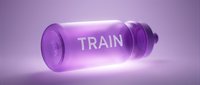 Young athletic male with determined expression holding neon glowing purple water bottle labeled train, fitness motivation concept for gym workouts and sports training routines.