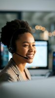 Smiling African American businesswoman wearing headset working at computer in modern office environment providing customer service support.