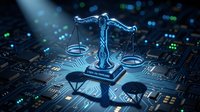 Digital justice scales on circuit board with glowing lights representing legal technology, artificial intelligence in law, and digital transformation of legal services.