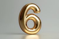 Golden metallic number six on gray background with soft shadow and reflection, dimensional numeral for anniversary, ranking or address design.