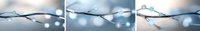 Frozen winter branch with water drops in soft blue tones, macro photography triptych showing delicate nature details in minimalist style. Artistic seasonal panorama.