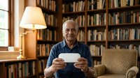 Senior man with glasses holding tablet in home library with bookshelves and lamp, reading digital content for education, learning, or entertainment purposes.