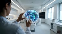 Female doctor examining holographic brain scan in modern medical facility with advanced diagnostic technology for neurological research and healthcare innovation.