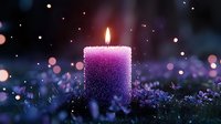 Glowing purple candle surrounded by tiny flowers in magical evening garden setting with bokeh lights and sparkles creating dreamy atmospheric scene.