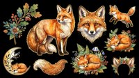 Cute red fox clipart set isolated on transparent background, featuring standing, sleeping, and portrait foxes with floral elements, for stickers, t-shirt design, print on demand.