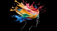 Side profile silhouette of woman head with vibrant paint splash explosion in rainbow colors against black background, representing creativity and imagination.