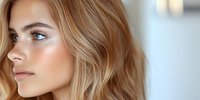 Side profile portrait of young blonde woman with natural glowing makeup, highlighting bronzed skin and wavy hair against light background.
