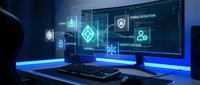 Cybersecurity workspace with glowing holographic interface displaying threat detection and identity access icons on monitor, keyboard and mouse on desk with blue neon lighting.