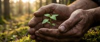 Elderly hands gently protecting small green plant seedling in forest setting with warm sunlight, symbolizing environmental care and growth nurturing.