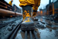 Muddy work boot on railroad tracks during rainy weather, close-up perspective with shallow depth of field showing industrial safety footwear detail.