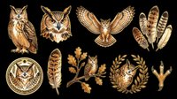 Owl collection with various species and feather designs isolated on transparent background, ready for t-shirt designs, clipart, stickers, sublimation and print-on-demand projects.