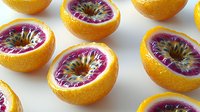 Surreal hybrid fruit combining orange exterior with vibrant purple passion fruit interior on white background, creative food concept for modern gastronomy and design projects.