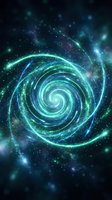 Cosmic spiral galaxy with glowing turquoise and blue energy swirls in deep space surrounded by stars and nebula clouds for astronomy and science concepts.