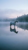 White horse standing in misty lake water at dawn with reflection, surrounded by forest hills and soft purple pink sky creating serene peaceful atmosphere.