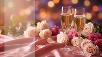 Two champagne flutes filled with sparkling wine surrounded by pink roses and gift box with warm bokeh lights creating romantic celebration atmosphere.