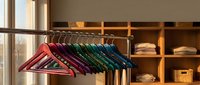 Colorful wooden hangers organized on closet rod in modern wardrobe with shelving storage system for home organization and decluttering lifestyle.
