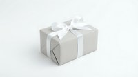 Elegant gray gift box with white satin ribbon bow isolated on white background for holiday celebrations, birthdays, and special occasions.