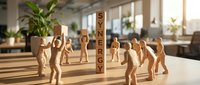 Wooden figurines arranged around stacked blocks spelling strategy in bright office space with plants and windows, representing business planning and teamwork.