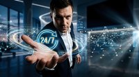 Businessman holding glowing 24/7 customer service hologram with digital network connections in modern office environment for business technology concepts.