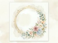 Ornate gold circular frame adorned with soft pastel roses, hydrangeas, and eucalyptus leaves on cream background. Perfect for wedding invitations, greeting cards, and decorative designs.
