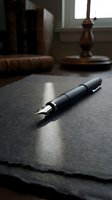 Elegant black fountain pen with gold nib on dark slate surface in warm natural light creating sophisticated writing atmosphere for business correspondence.