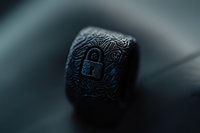 Macro shot of black keycap with lock icon pattern, blue backlight glowing through engraved design on mechanical keyboard. Dark moody cybersecurity concept.