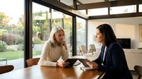 Senior woman with gray hair and Caucasian ethnicity in casual beige clothing meets with younger woman of Latin American descent wearing professional navy blazer at wooden table in modern sunlit conservatory, discussing documents or tablet.