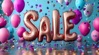 Rose gold foil balloon letters spelling SALE float among pink and silver balloons with scattered confetti on turquoise background, festive retail promotion setup.