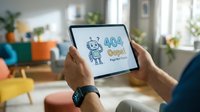 Person holding tablet displaying 404 error page with robot character in modern living room interior with plants and furniture.