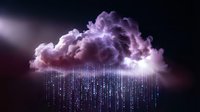 Purple storm cloud with digital rain data streams falling against dark background for technology and cloud computing concepts.