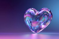 Iridescent crystal heart with holographic reflections floating on purple and blue gradient background, romantic mood lighting creates magical glow effect.