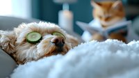 Relaxed dog with cucumber slices on eyes enjoying spa treatment at home while cat reads in background, wellness and pet care concept for social media.