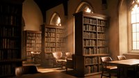 Ancient library interior with wooden bookshelves and arched windows casting warm sunlight. Classic academic reading room for educational content.