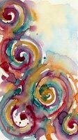 Colorful abstract watercolor swirls in teal, purple, gold and red on white paper, expressive fluid art for prints and wall decor.