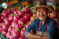 Senior Asian male farmer wearing straw hat and apron smiles confidently while standing near vibrant pink dragon fruit display at local market, representing fresh produce and agriculture.