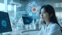 Young Asian female scientist in laboratory coat analyzing virus data on computer screen with floating molecular visualization of coronavirus particles.