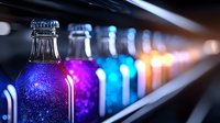 Colorful glowing bottles with luminescent liquid arranged in row on dark shelf, creating magical atmosphere with purple, blue and orange gradient lighting effects.