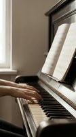 Hands playing piano with sheet music in warm natural light creating peaceful musical atmosphere for learning and practice.