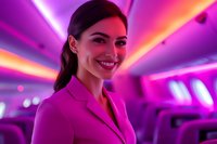 Young female flight attendant in pink uniform smiling warmly against vibrant neon-lit aircraft cabin interior with purple and orange ambient lighting.